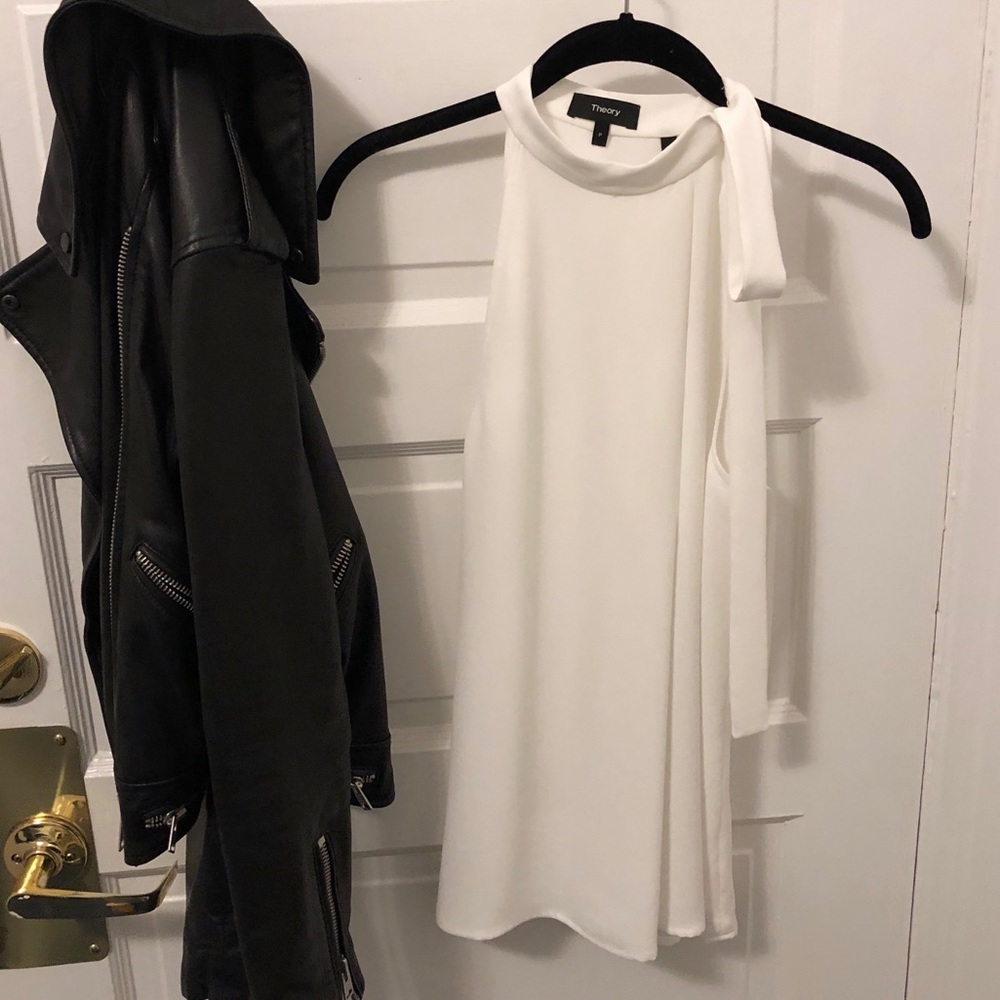 White theory keyhole blouse with tie neck